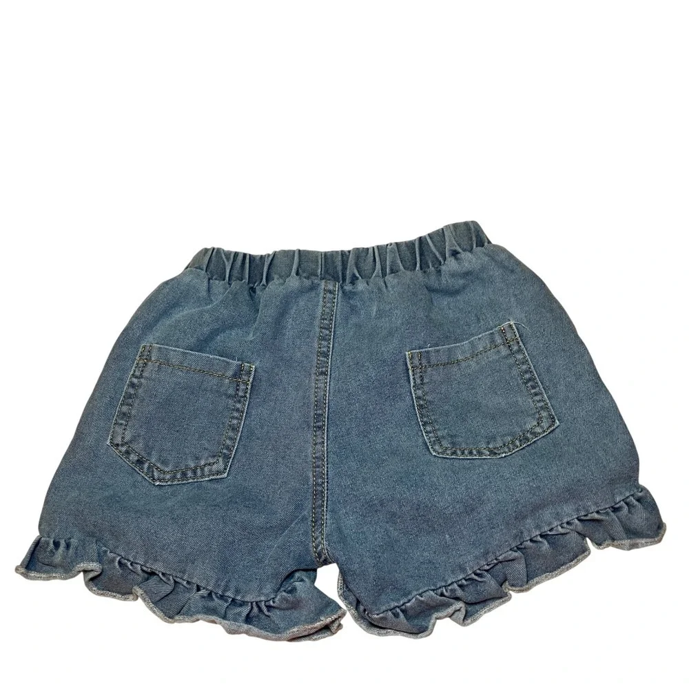 SHEIN Kids Girls Size 6 2-Piece Set  Cat Tee and Cherry Denim Ruffle Shorts